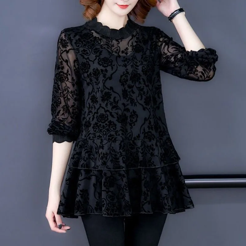 

Элегантная модная блузка из сетки с черным флокированием, женская повседневная свободная универсальная рубашка с рюшами и длинными рукавами