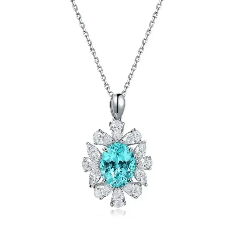 Ruihe New Hot Sale 4.36ct S925 Silver  Oval Shape Lab Grown Paraiba Sapphire Necklace Engagement Women