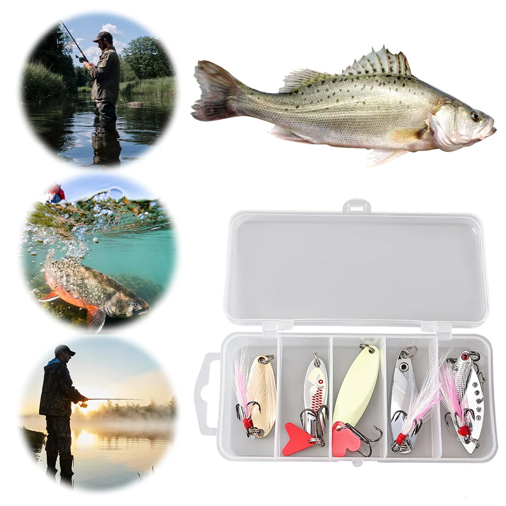 5pcs Fishing Metal Spoon Lure Kit Set Wobbler Bait Set Hard Baits Sequins Spinner Lures with Box Treble Hooks for Fishing