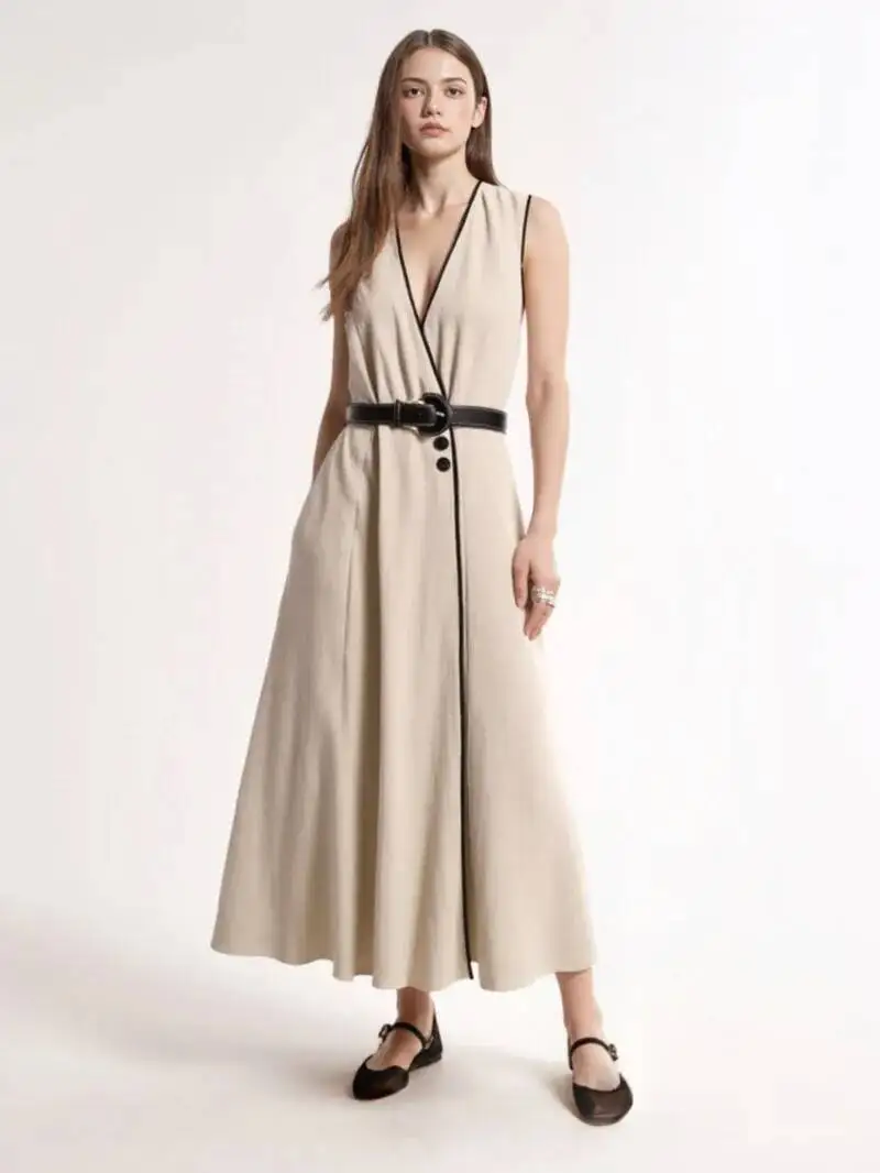 2025 Summer New Product Women's High End Casual And Fashionable Simple With Belt Sleeveless V-neck Medium Length Dress NR6Z