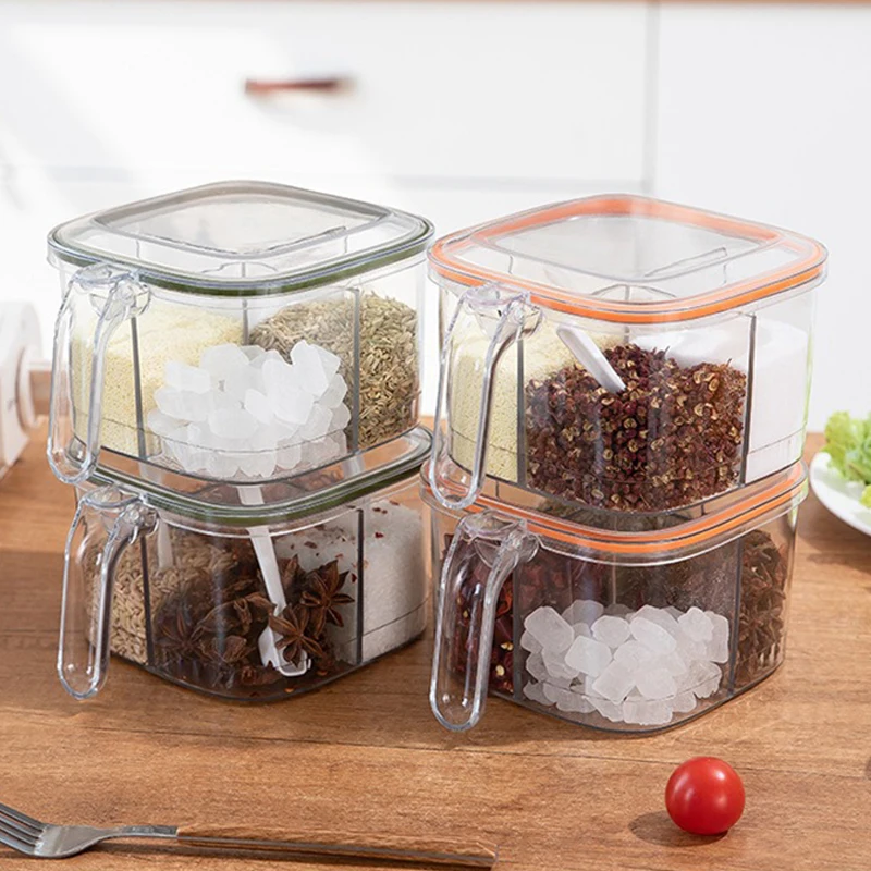 Glass Seasoning Jar With 4/5 Grids Integrated Seasoning Box Household Spice Salt Bottle Kitchen Sealed Storage Jar With Spoon