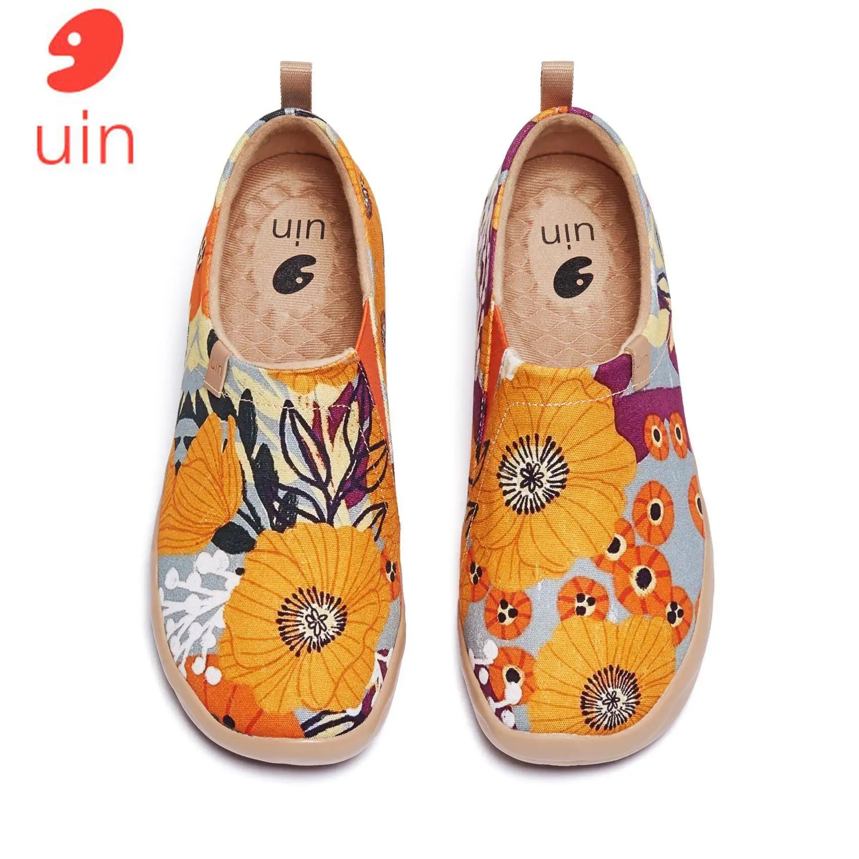 UIN Women's Lightweight Slip Ons Sneakers Walking Flats Casual Flower Art Painted Travel Shoes Marigolds