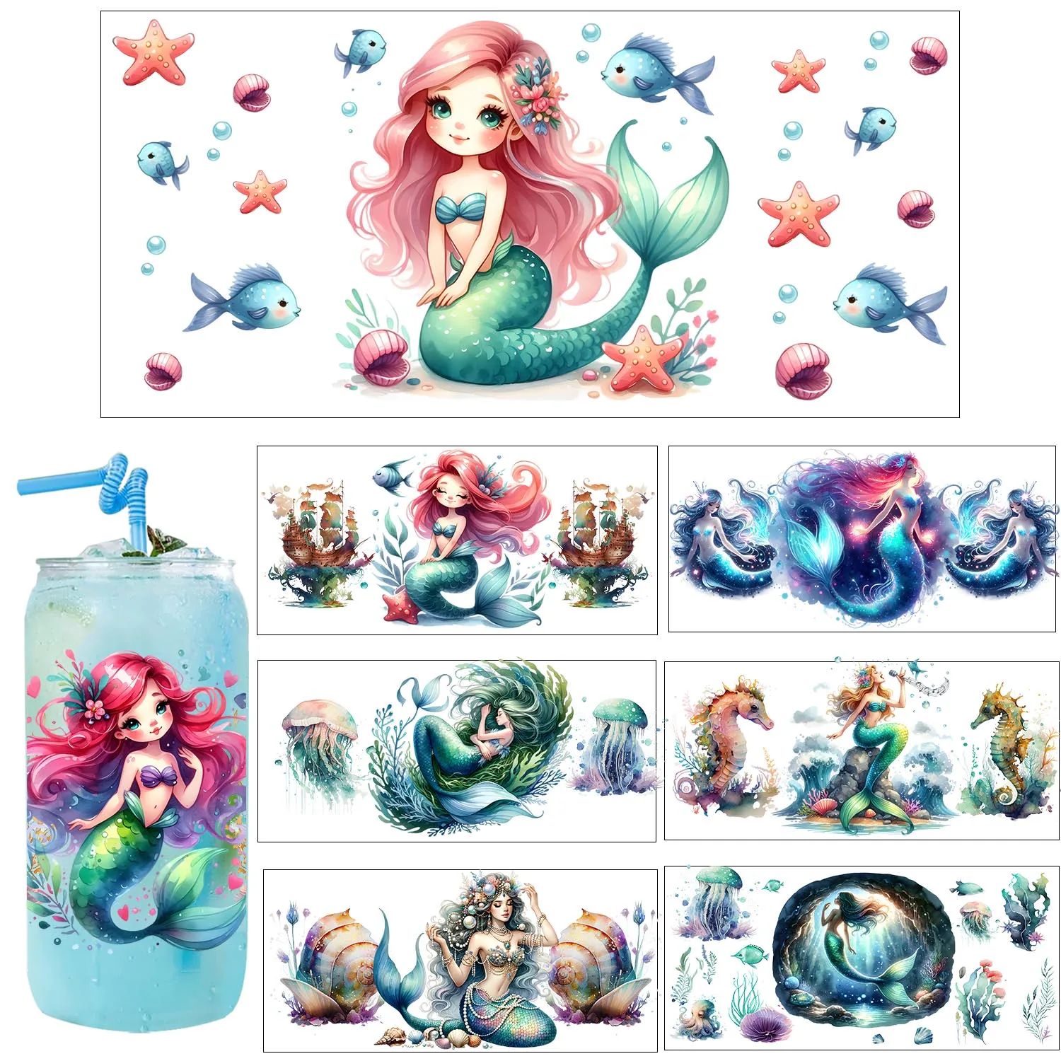 

Cute mermaid easy peel waterproof DIY Decals 3D transfers uvdtf crystal stickers 16oz uv dtf cup wraps for Libbey Glasses