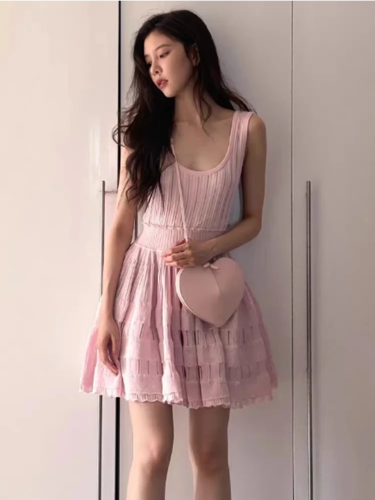 Summer Little Black Knitted Dress Cute Women Thin Cutout U-neck Sleeveless Vest Tank Dress High Waist A Line Short Puff Dress