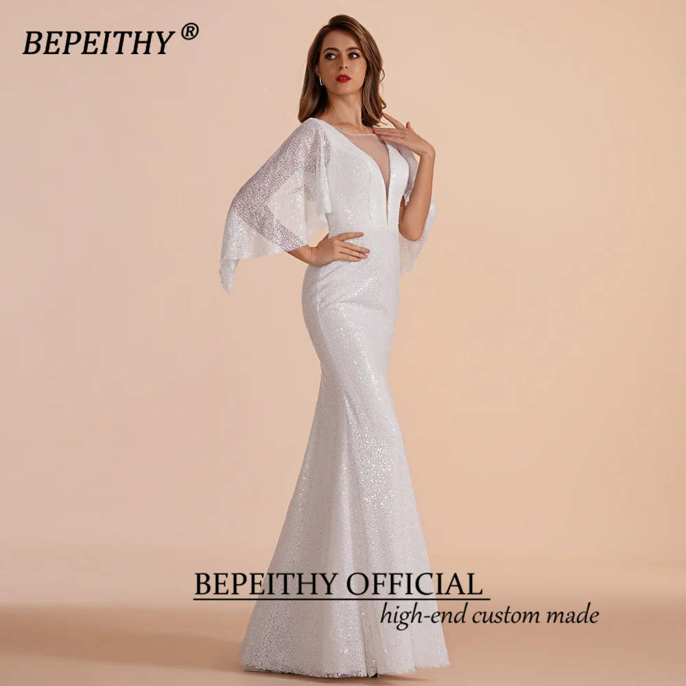 BEPEITHY Customized V Neck Sequins Evening Party Gown For Women 2023 Half Sleeves Full Length Spring Prom Formal Dresses Vintage