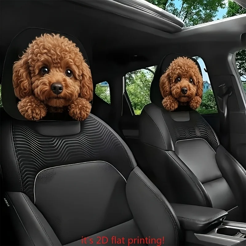 2pcs 2D Flat Printing Cute Poodle Dog Car Headrest Cover Pet Theme Seat Protector Auto Interior Accessories Decor for Drivers