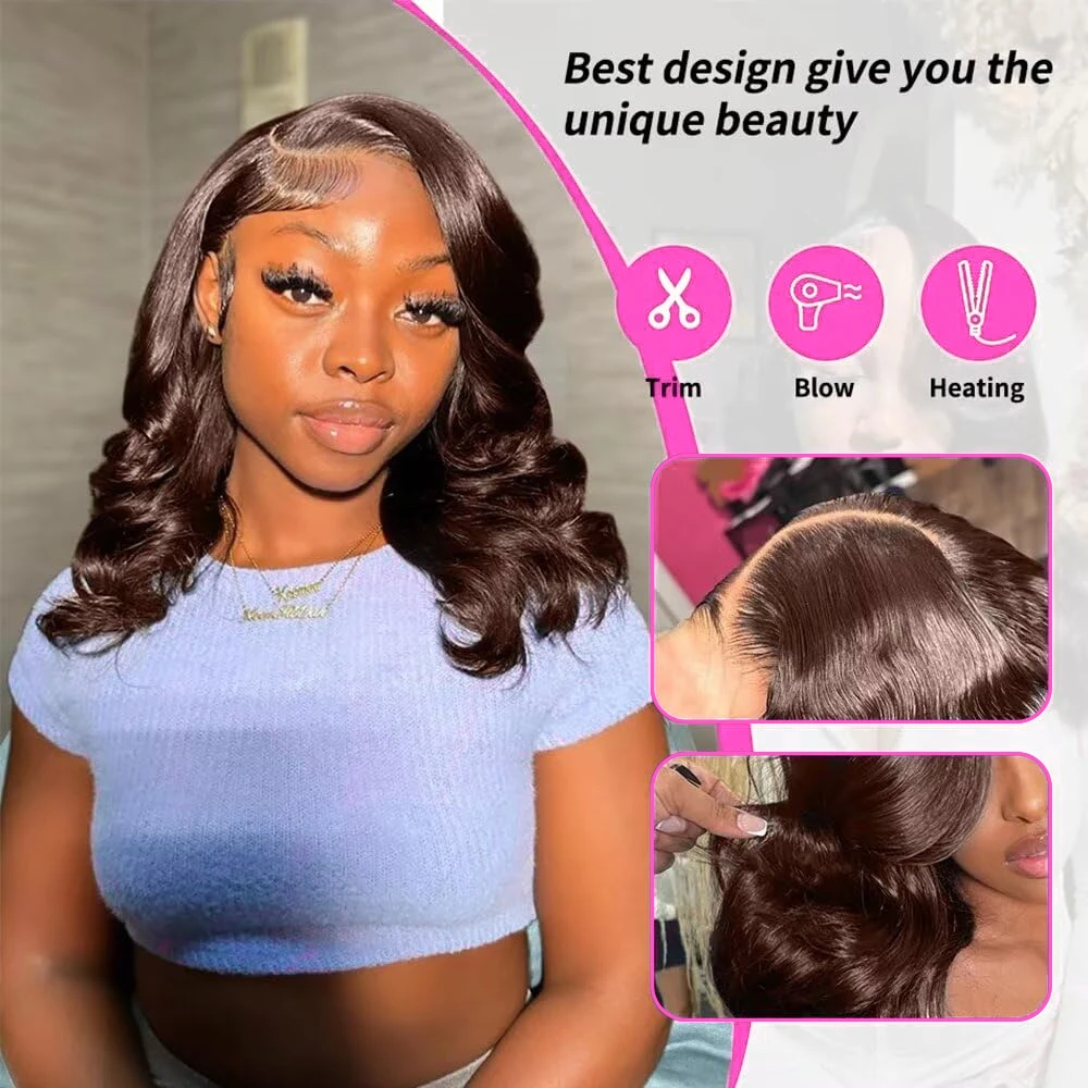 250% Density Chocolate Brown Bob Wigs Body Wave Human Hair 13x4 Lace Frontal Wigs Pre Plucked 100% Virgin Human Hair Color#4 Dark Brown Loose Wavy Lace Frontal Bob Wigs For Women