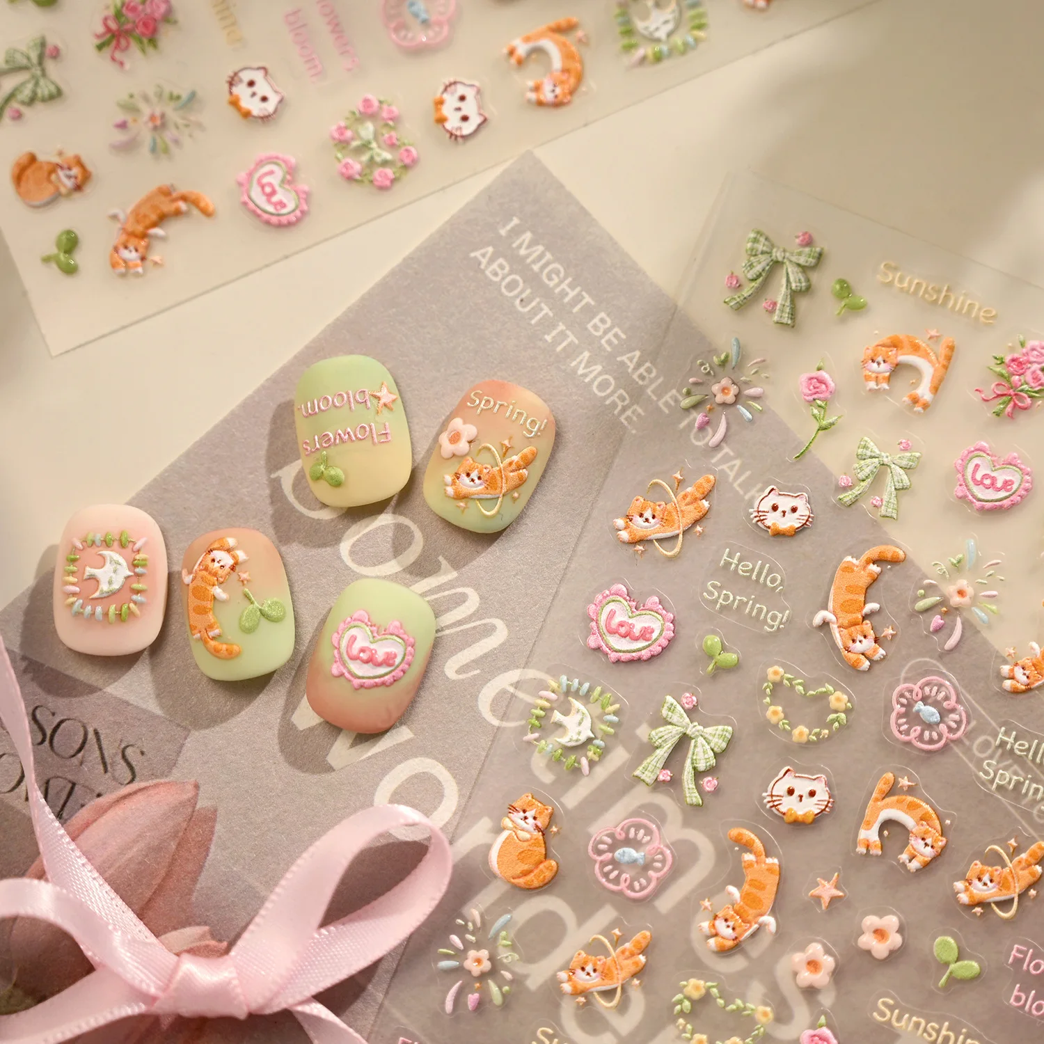 Spring Healing Kitten Nail Stickers M1376 Forest Style Fresh Bowknot Flower Cluster Self-adhesive Nail Stickers