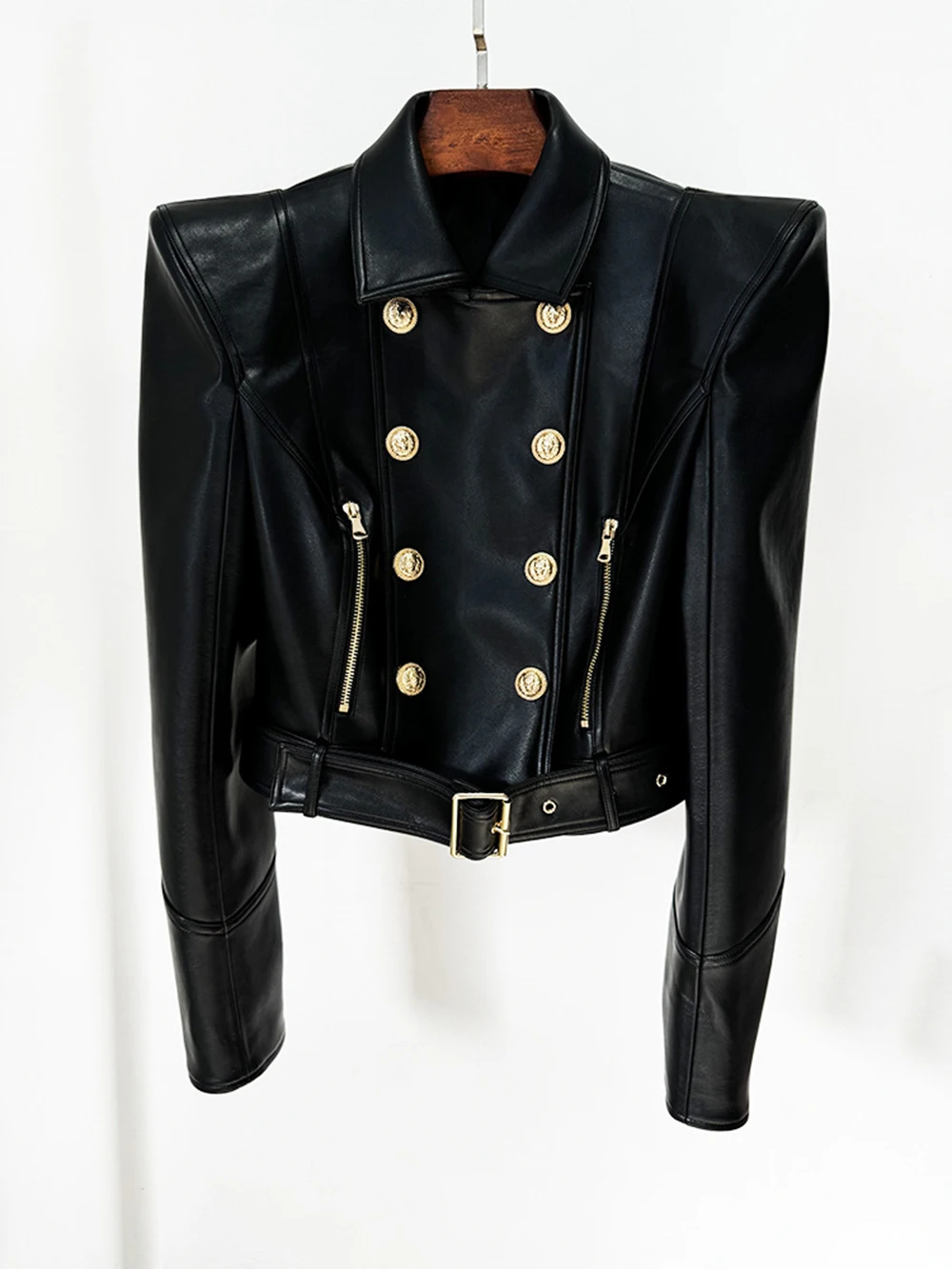 Modphy 2026 New Slim Double Dreasted Pu Faux Leather Short Jacket with Belt Streetwear Female Retro Moto Biker Coat Outwear
