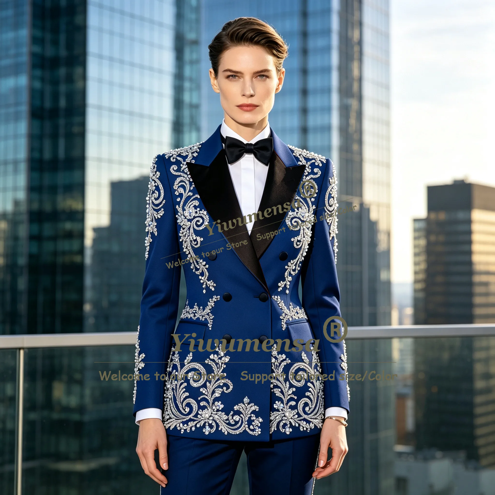 Twinkling Diamond Beading Suits Women Slim Fit Double Breasted Jacket Pants 2 PCS Bride's Mother Dress Customized Female Clothes