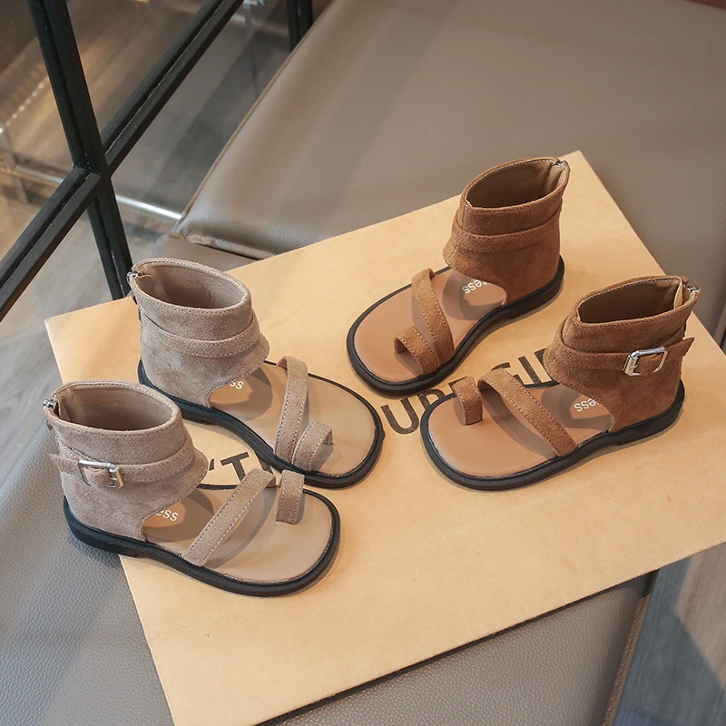 Girls Gladiator Sandals Open Toe Children Ankle High Top Sandals Back Zipper Bohemian Style Kids Summer Fashion Shoes Size 26-36