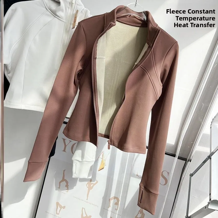 

Теплая ветрозащитная куртка для йоги с меховой подкладкой, удлиненная, облегающая, спортивная, с воротником-стойкой, для осени и зимы