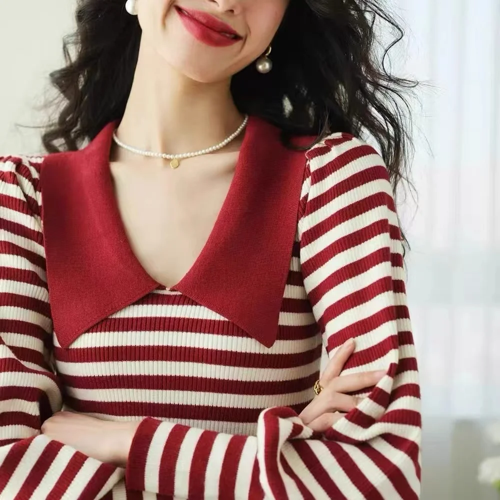 เสื้อสเวตเตอร์ถักคอปกตุ๊กตาสำหรับผู้หญิง แฟชั่นแขนยาวลายทาง เสื้อไหมพรมถักแบบสวมหัวสำหรับผู้หญิง รุ่น Q2268