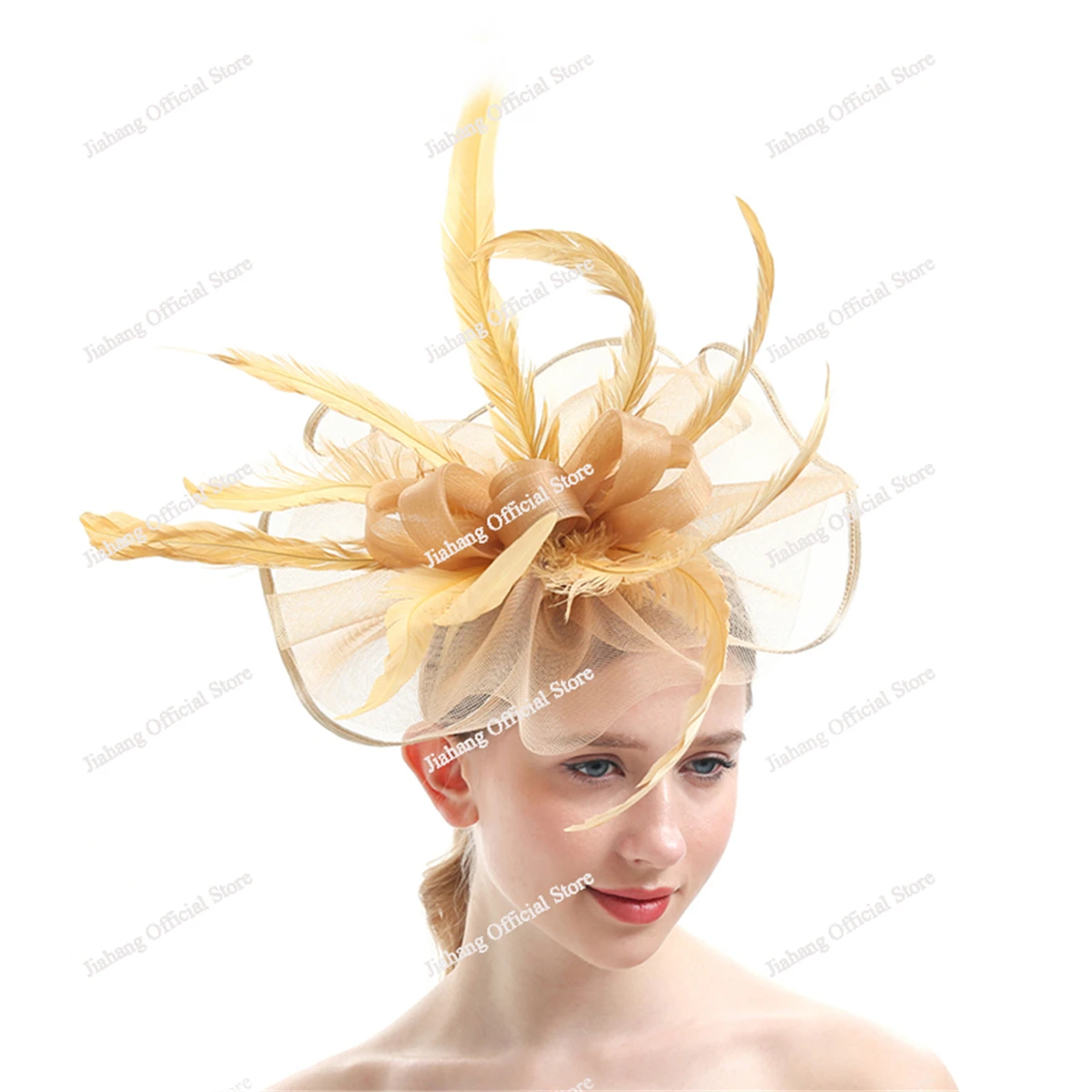 Large Chiffon Fascinators Hat with Feather, Cocktail Tea Party Horse Racing Derby Headwear for Women