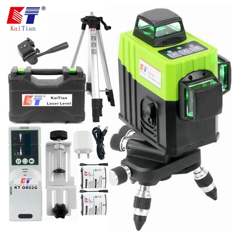 Kaitian Nivel a Laser 12 Linhas Green 360 Lazer Level Tool Tripod Rechargeable Lithium Battery Professional Laser Level Receiver