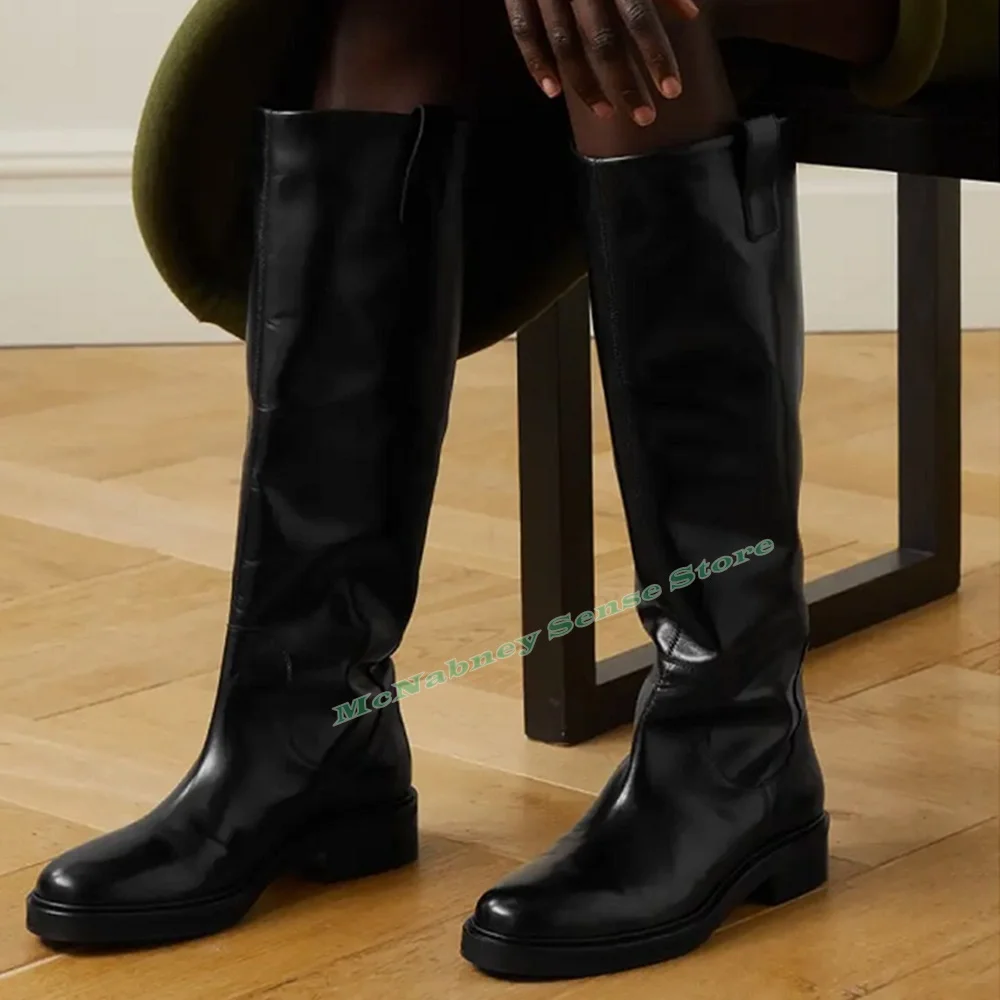

Low Heels Knee High Boots Round Toe Solid Slip On Large Size Women Boots Winter New Style Casual Party Shoe Designer Chunky Heel