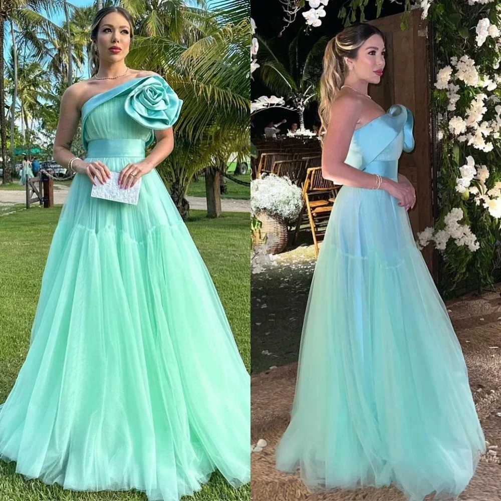 

Customized One-shoulder Ball Gown Sweep/Brush Prom Dresses Flower Net/Tulle Formal Occasion robe pour cérémonie de mariage
