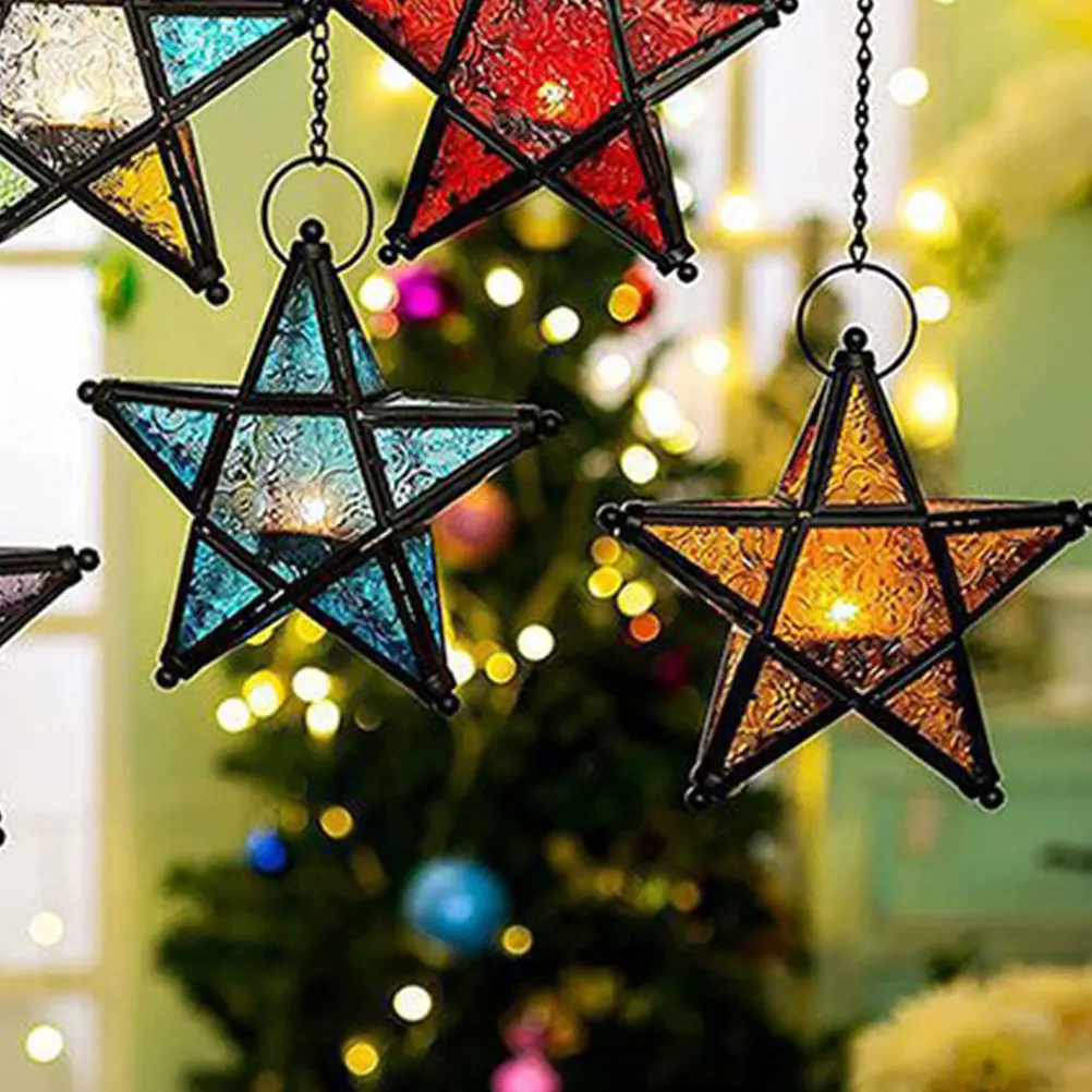 Handmade Five-Pointed Star Shaped Hanging Holder with Colorful Stained Glass Panels and Industrial Iron Frame for Living
