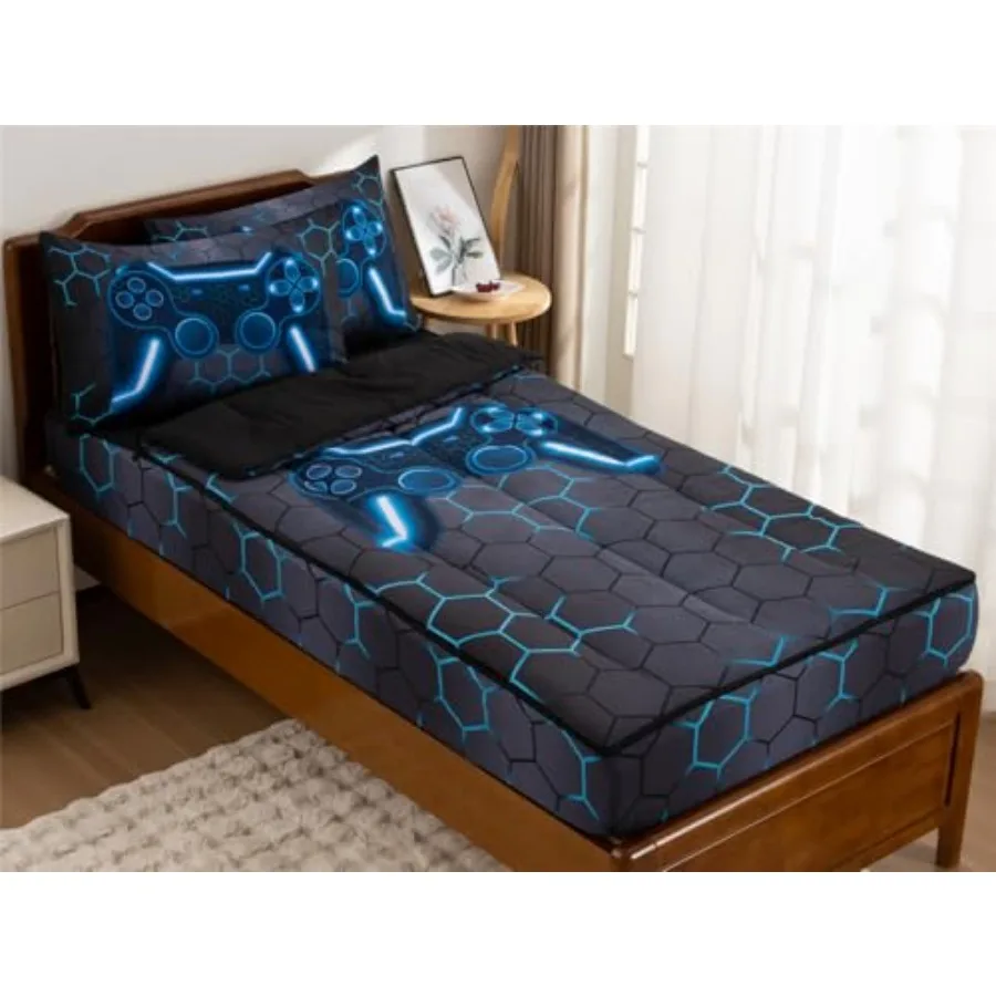

Gamer Printed Zipper Bedding Sets Twin for Boys Lightweight Microfiber Geometric Comforter Set with Fitted Sheet Pillow Covers