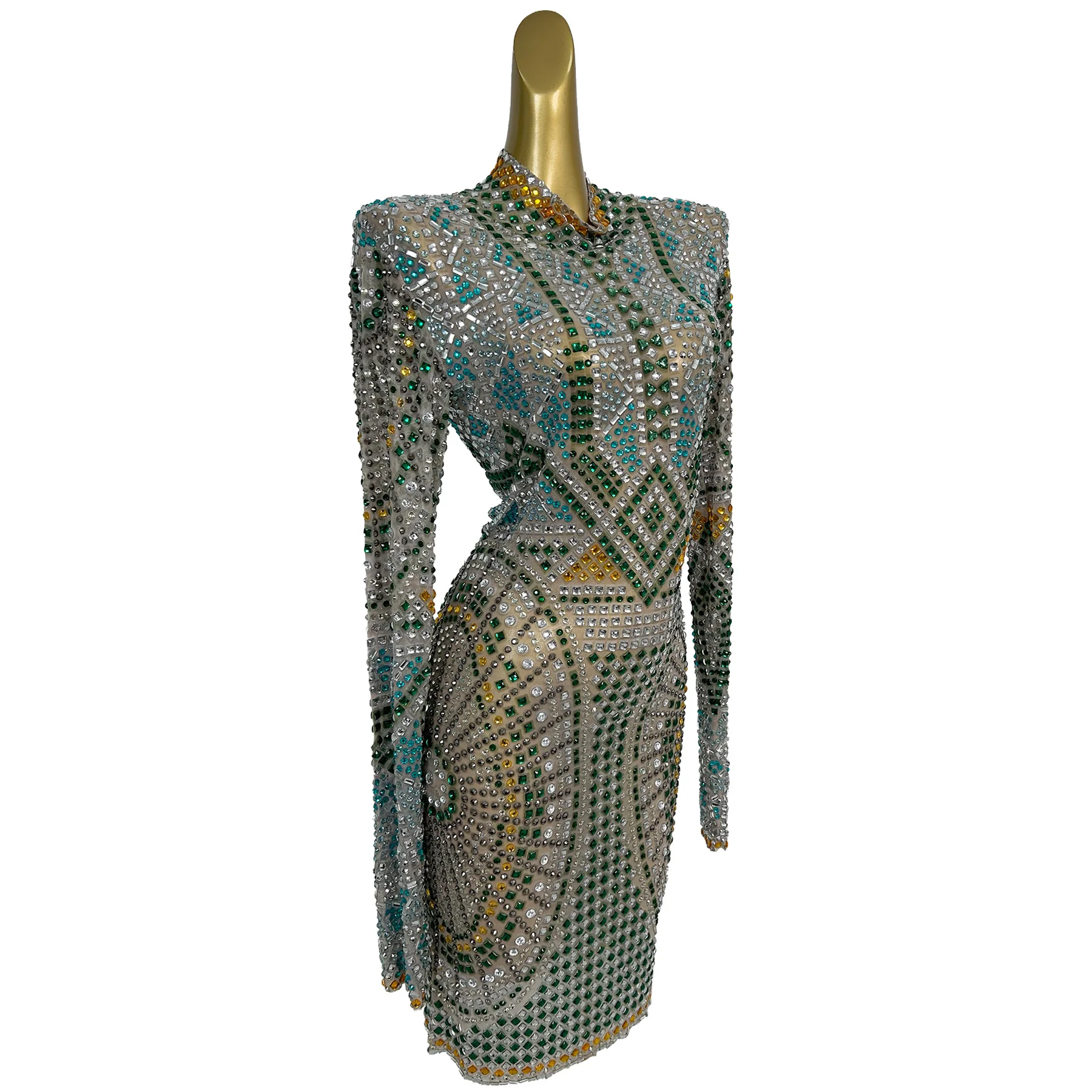 Lvyecao Nude Mesh Base Dress with Green Teal and Yellow Rhinestone Geometric Pattern and Long Sleeves for Evening Events