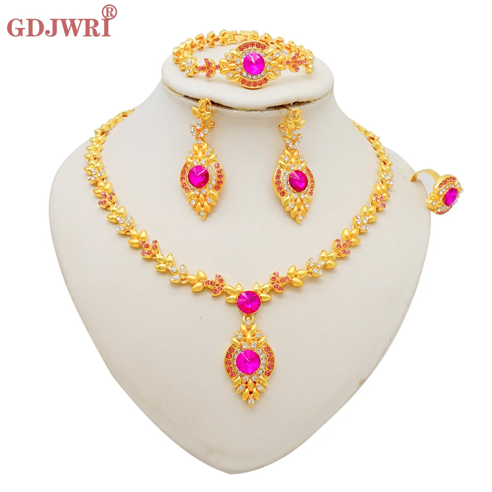 Luxus Dubai Gold Farbe Doppels chicht Halskette Schmuck Sets für Frauen afrikanischen Wasser tropfen Kristalls chmuck indischen Set Geschenke – Detail 40