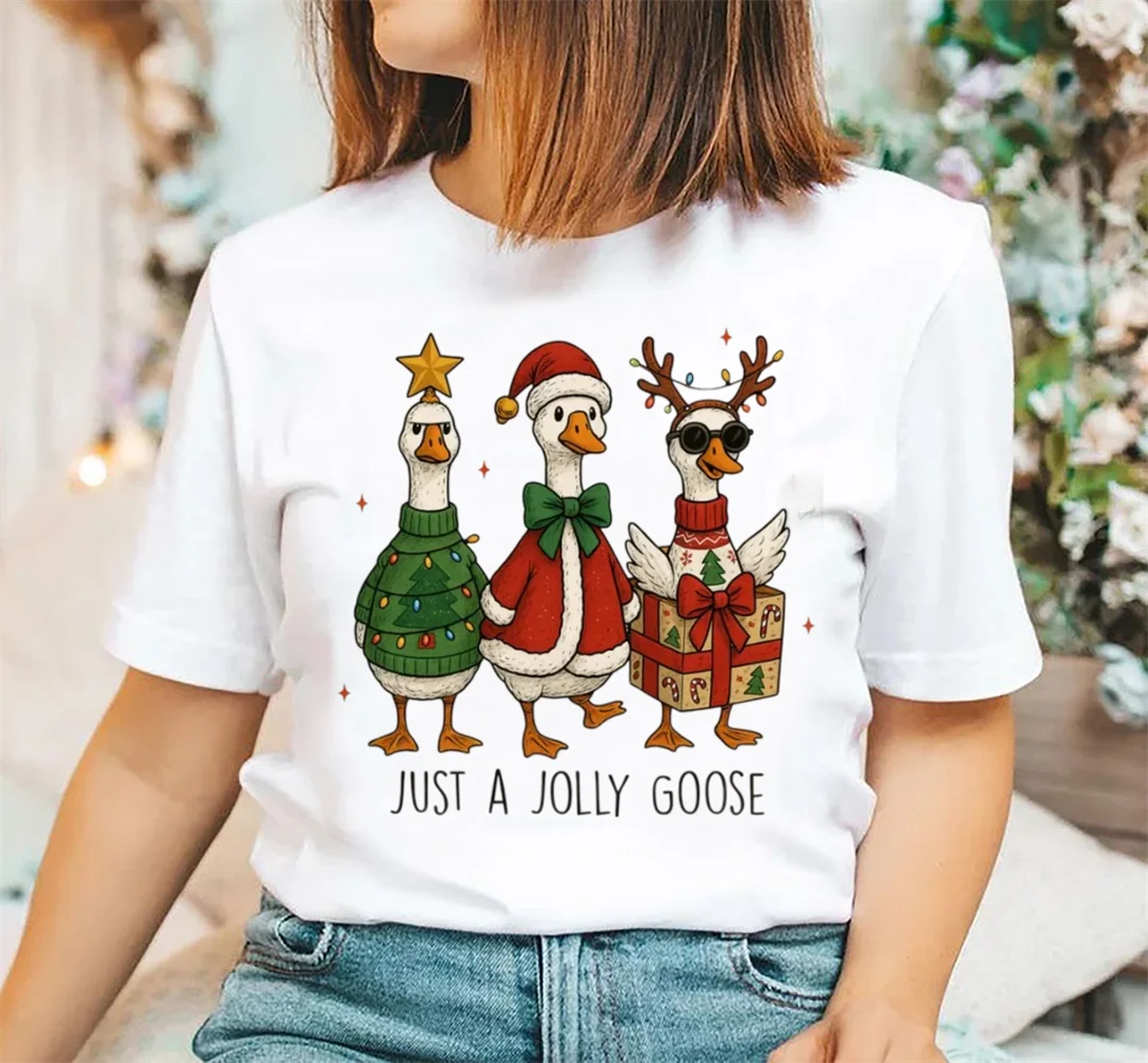 

Симпатичная повседневная женская новогодняя футболка с рождественским рисунком гуся, топ с принтом, базовая женская одежда с круглым вырезом, подарочная праздничная футболка