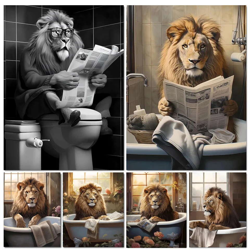 5D Diamond Painting The Lions Read Newspaper In The Bathtub Diamond Mosaic Full Drill Cross Stitch Rhinestone Embroidery A908