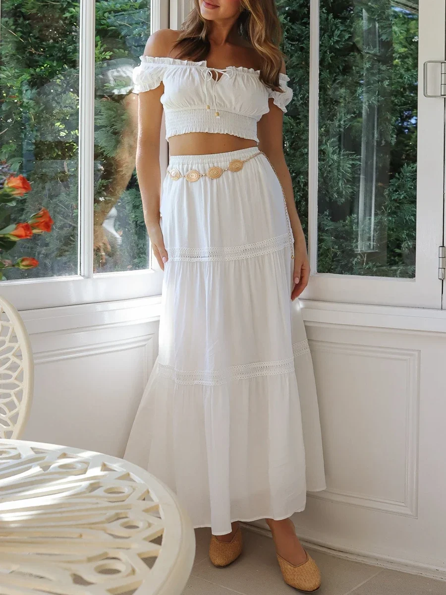 Women’s Summer Two Piece Outfits Off Shoulder Frill Trim Crop Tops and Long Skirt Set Beachwear