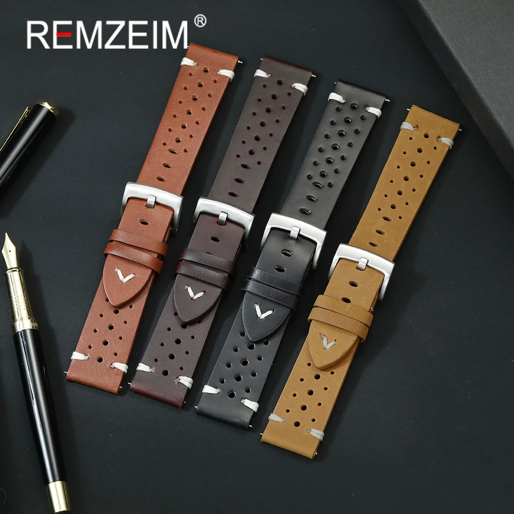 Retro Genuine Leather Watchband 20mm 22mm Calfskin Watch Straps Porous Breathable Handmade Stitching Quick Release Wristband