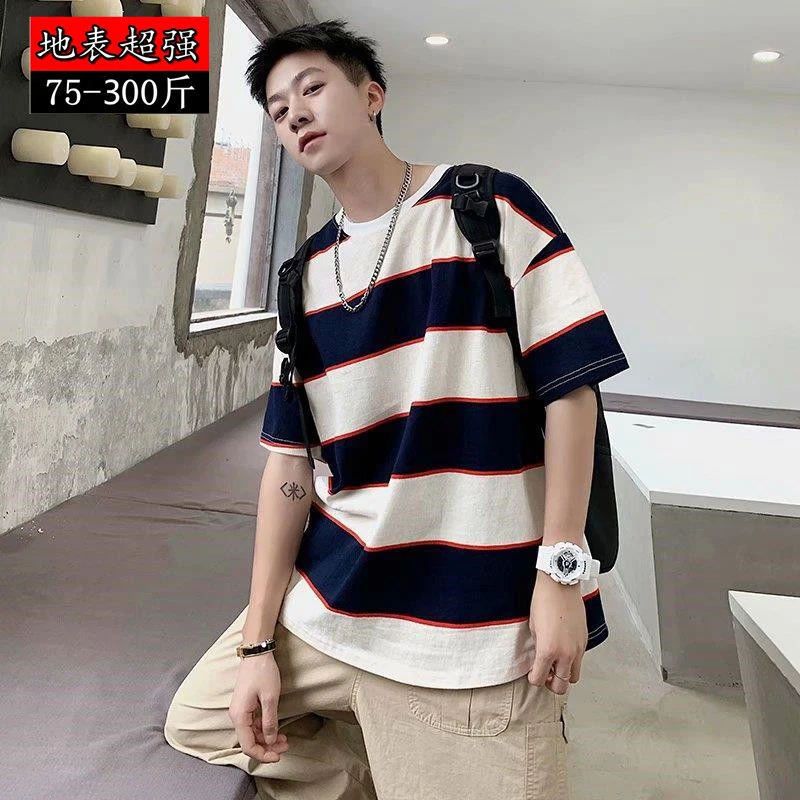 4xl 3xl 150kg Can Wear Korean Fashion Red Green Blue Striped Casual Short Sleeve T Shirt Men 2022 New Summer Harajuku Streetwear