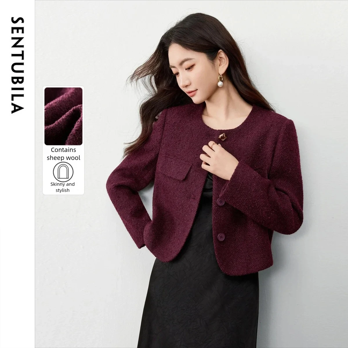 

SENTUBILA женское элегантное короткое пальто для пригородных поездок, осень 2024, новый офисный топ из смеси шерсти с круглым вырезом и металлической пряжкой с длинными рукавами 153WA2086