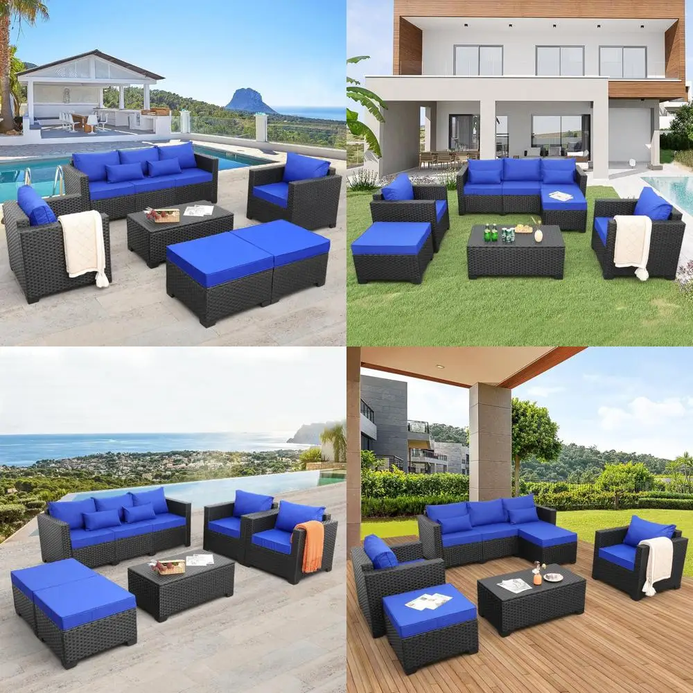 

Outdoor Patio Wicker Furniture Set with 6 Pieces, PE Rattan Conversation Sofa Sectional, Royal Blue Cushions