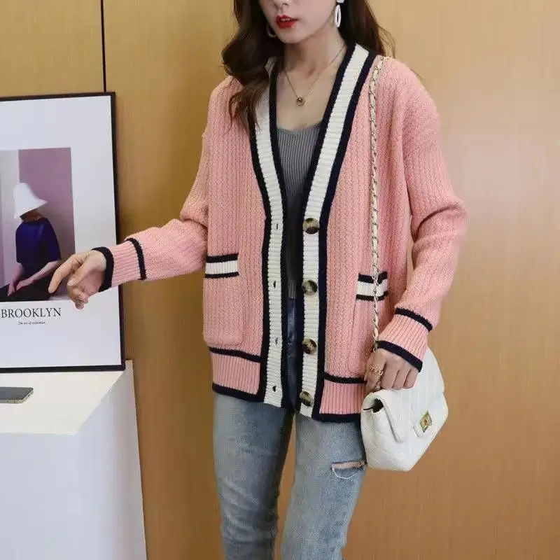 Women\'s Clothing Korean Fashion Contrast Color Chic Button Cardigan Female Casual V Neck Long Sleeve Loose Knitted Sweater Coats
