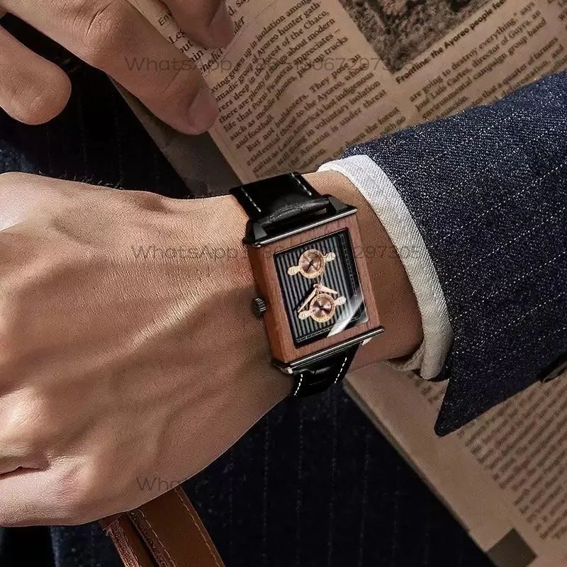 New square wooden watch simple Korean version men's waterproof leather sandalwood watch creative wooden Chinese style watch