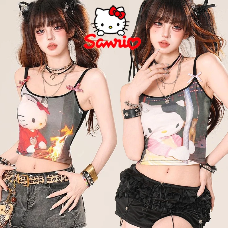 

Sanrio Hello Kitty майка с героями мультфильмов, женский сексуальный жилет без рукавов, летняя мода, популярные короткие топы с обнажением живота для девочек, подарки