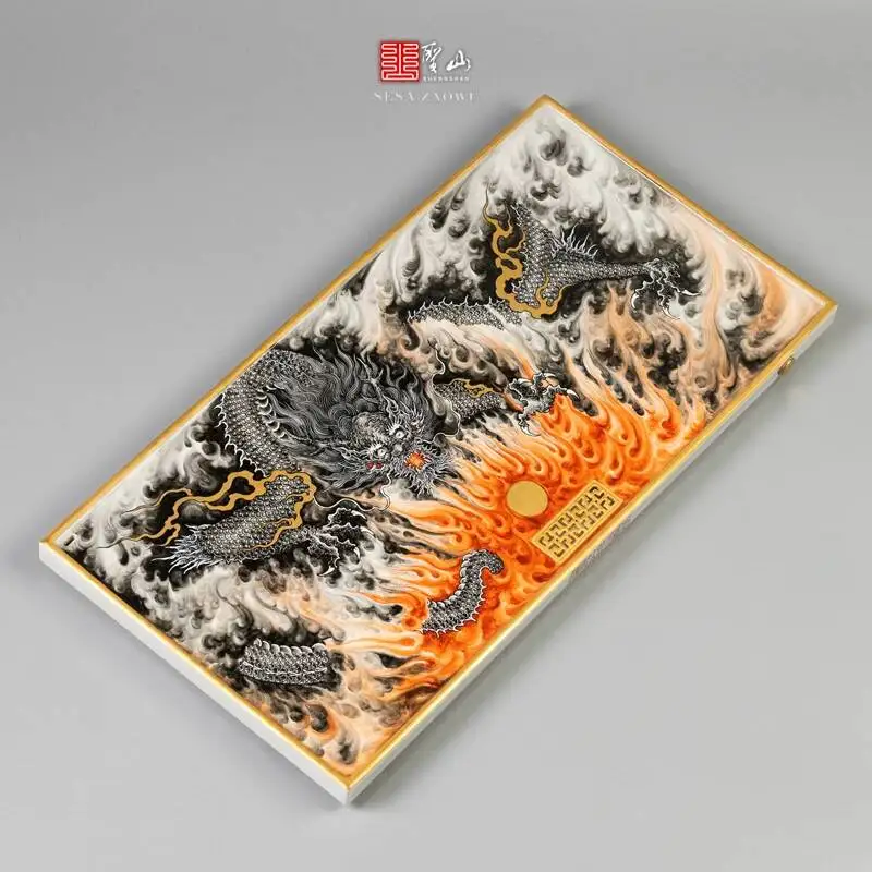 Pastel-Colored Dragon-Patterned Tea Tray With The Design Of A Dragon In Flame