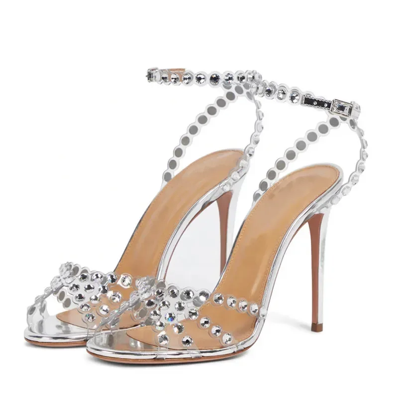 Luxury Rhinestone High Heels Women Pumps Fish Mouth Sexy Thin Heel Sandals Dress Bridal Shoes Summer Designer Sandalias Mujer