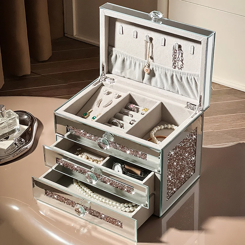

Стеклянная шкатулка для драгоценностей, роскошное ожерелье, кольцо, браслет, коробка для хранения сережек, большая витрина для аксессуаров, многослойная шкатулка для ювелирных изделий