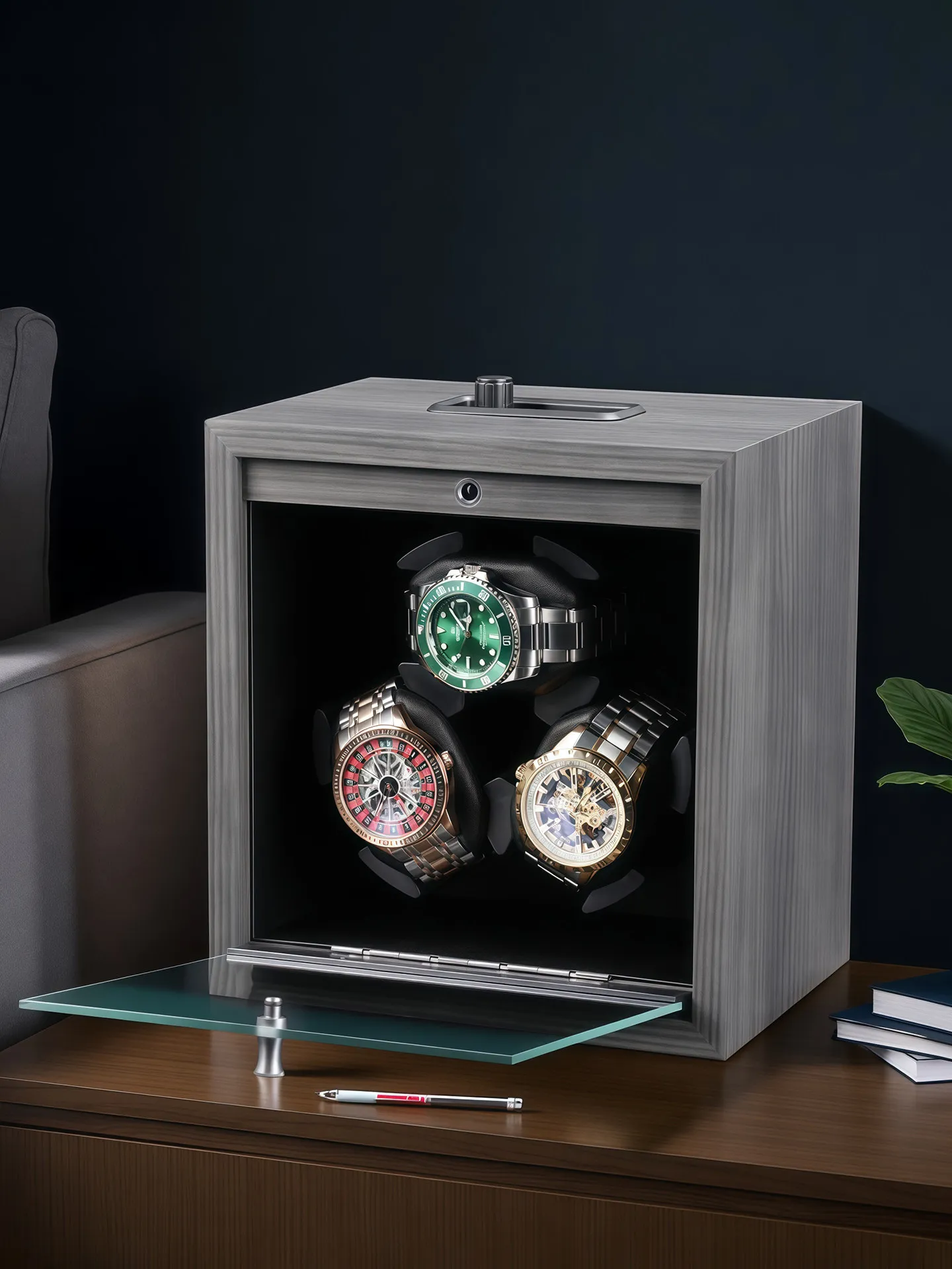 Lorvo 6 Slot Walnut Wood Watch Winder Silent Anti-Magnetic LED Automatic Watch Box