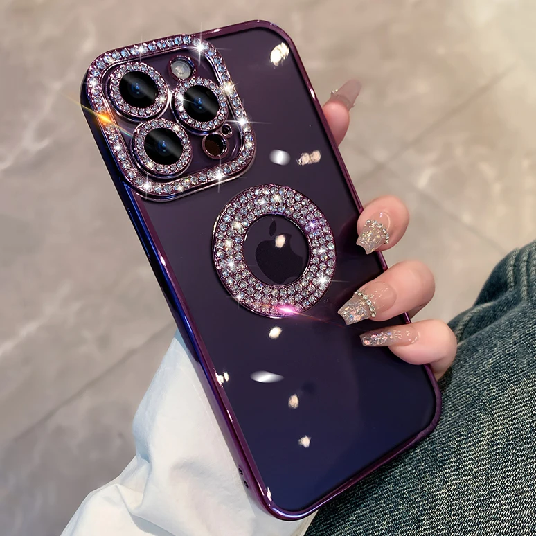 For iPhone 15 Pro Max Fashion Girl\'s Diamond Case For iPhone 11 12 13 14 Pro Max Plus Luxury Glitter Transparent TPU Soft Case