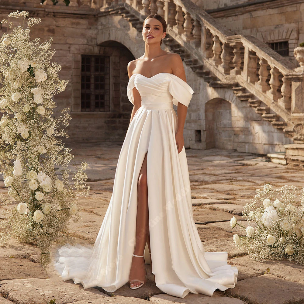 Off The Shoulder Women Wedding Dresses Sexy Forking Appliques A-Line Bridal Gowns Elegant Sleeveless Backless Princess Dresses