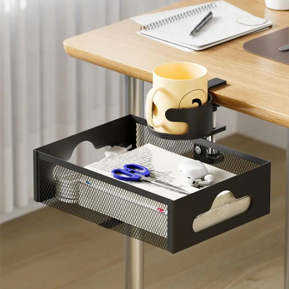 360 Degree Rotating Under Desk Storage Rack No Drill High Load Capacity Desktop Stationery Shelf with Cup Holder Carbon Steel