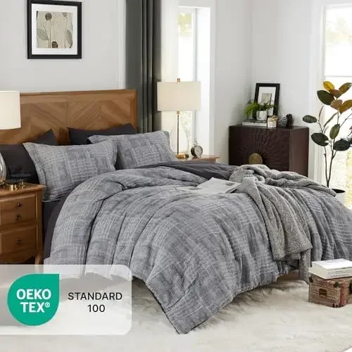 Charcoal Grey Queen Comforter Set, Textured Design Grey Crinkle Bed in A Bag Queen Size, Queen Comforter Set with 7
