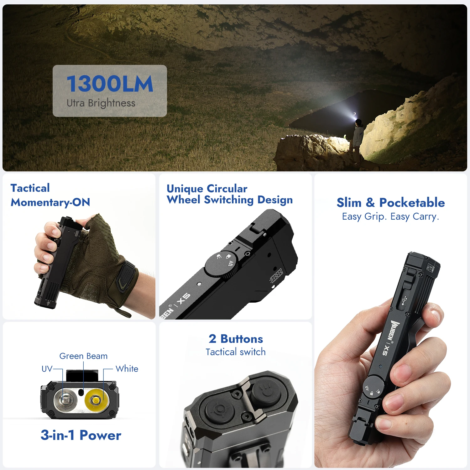 WUBEN X5 Rechargeable 1300LM Bright EDC Flashlight, 6 Modes with White LED, UV & Green Light, Tactical Clip, IP65 Waterproof