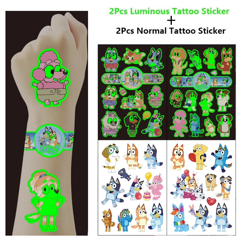 

4Pcs/set Cartoon Luminous Bluey Tattoo Stickers Waterproof Temporary Tattoo Sticker Birthday Party Supplies Decoration Gift
