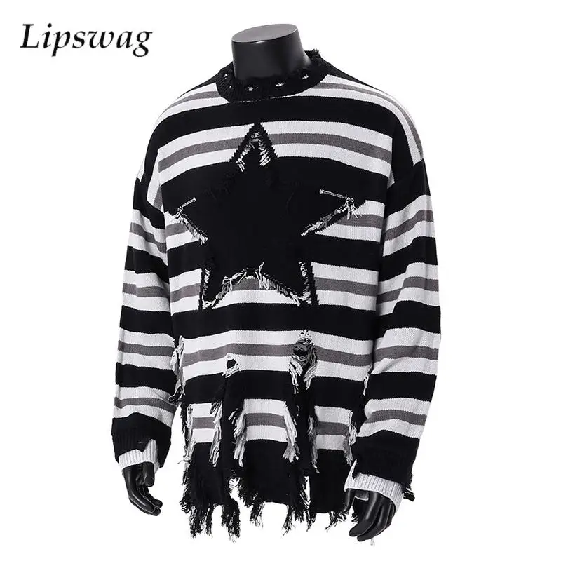 Stylish Star Striped Knitted Tops Men Sweater 2025 Spring Fall Fashion O Neck Long Sleeve Sweater Mens Vintage Ripped Sweaters