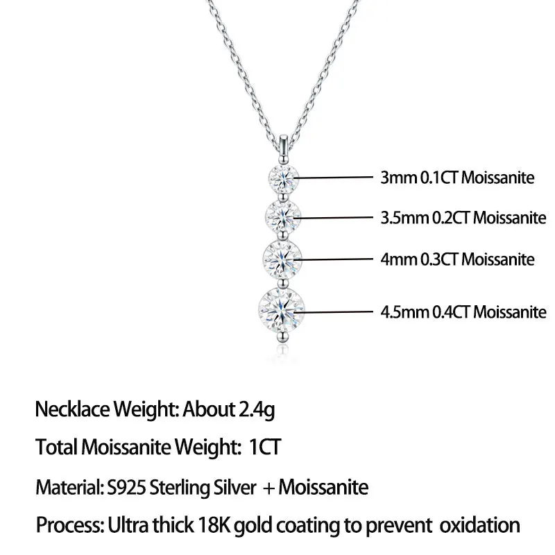 Pretty Beauty Moissanite Pendant Necklace for Women S925 Silver 1CT Graduated 4 Stone Journey Pendant Necklace Fine Jewelry Gift