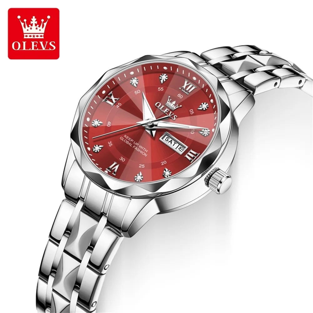 OLEVS 5609 Women's Quartz Watches Original Stainless Steel Fashion Rhombus Mirror Auto Date Week Waterproof Elegant Ladies Watc