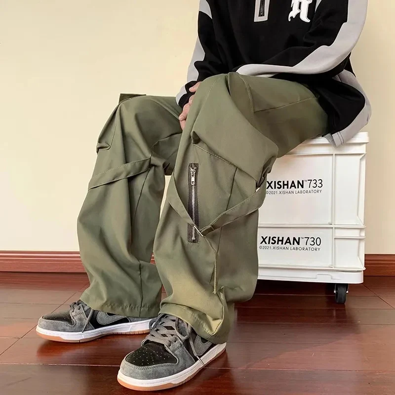 Army Green Big Pocket Cargo Pants Women Loose Lazy High Waisted Straight Zipper Trousers Jazz Hiphop Dance Wide Leg Pants