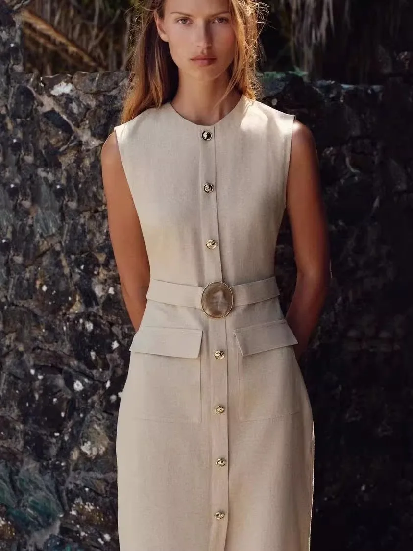 New Summer Women's Midi Dr 00% Mixed Linen Fabric Bule Decoration Ele High Waist Straight Cut mid Length Single Button